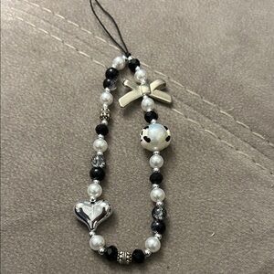Hand Crafted Black and Silver Beaded phone strap